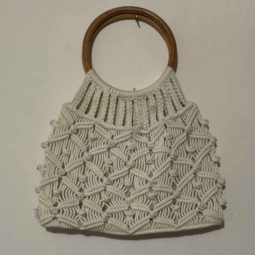 Unique White Macrame Handbag with Wooden Handle